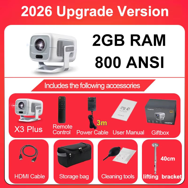 2026 X3Plus HD Projector 1080P Support 4K WIFI6 BT5.3 Android Projector Auto-Focus Auto-Keystone Home Theater Projector